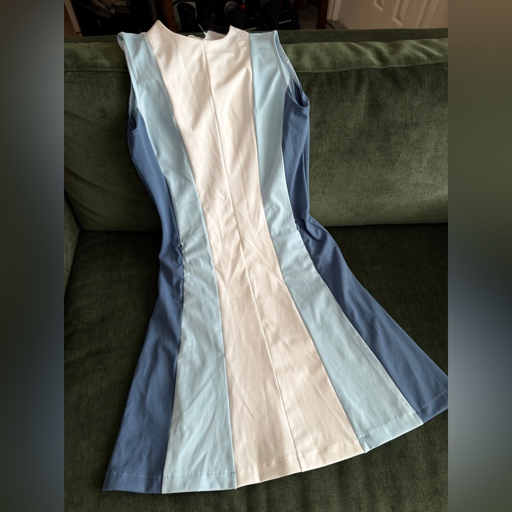 J.Lindeberg Colorblock Fit-and-Flare Dress in White and Blue